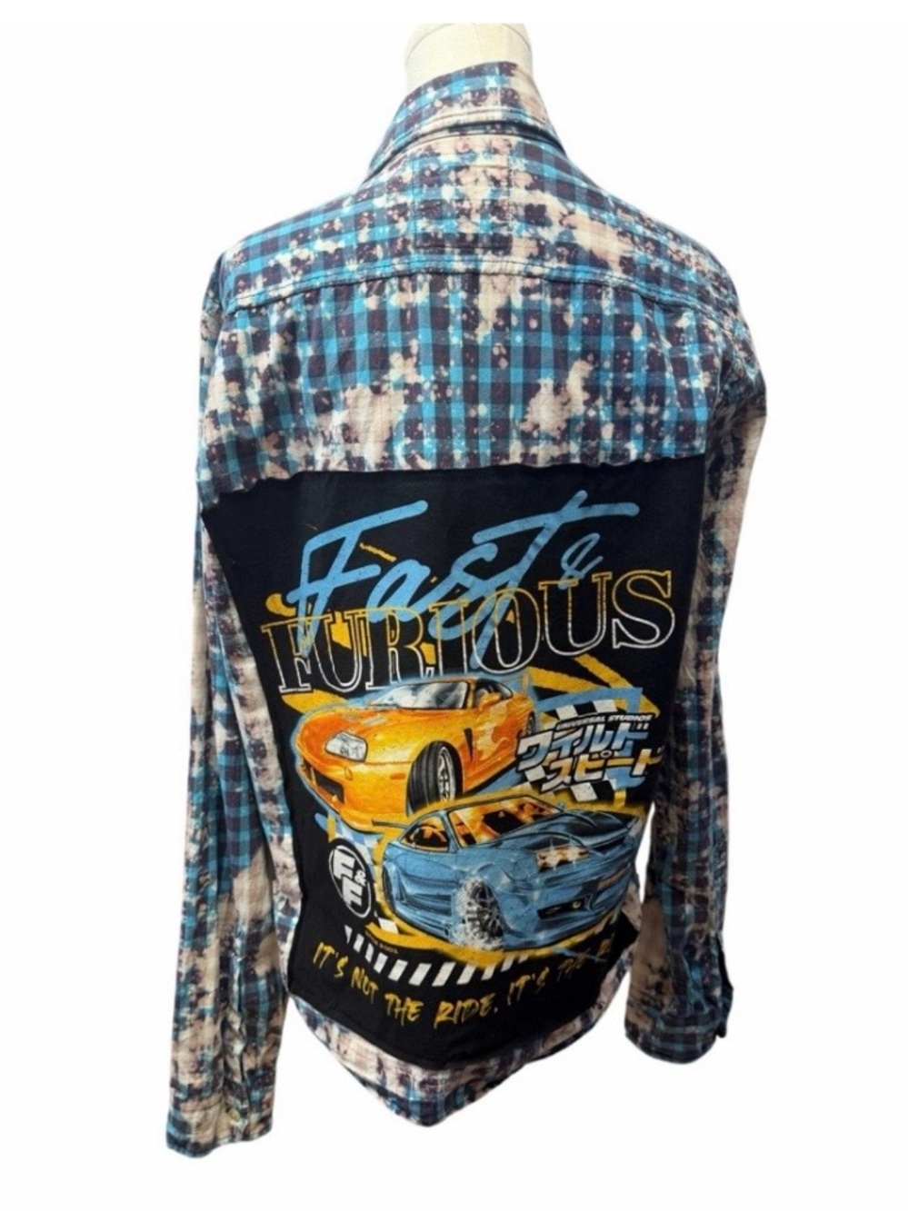 Fast and furious Hollister upcycled custom flannel shirt graphic tee on back